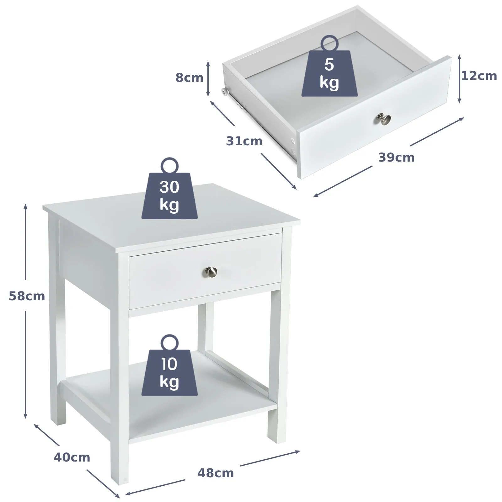 2 Pieces Wooden Nightstand with Drawer and Storage Shelf-White