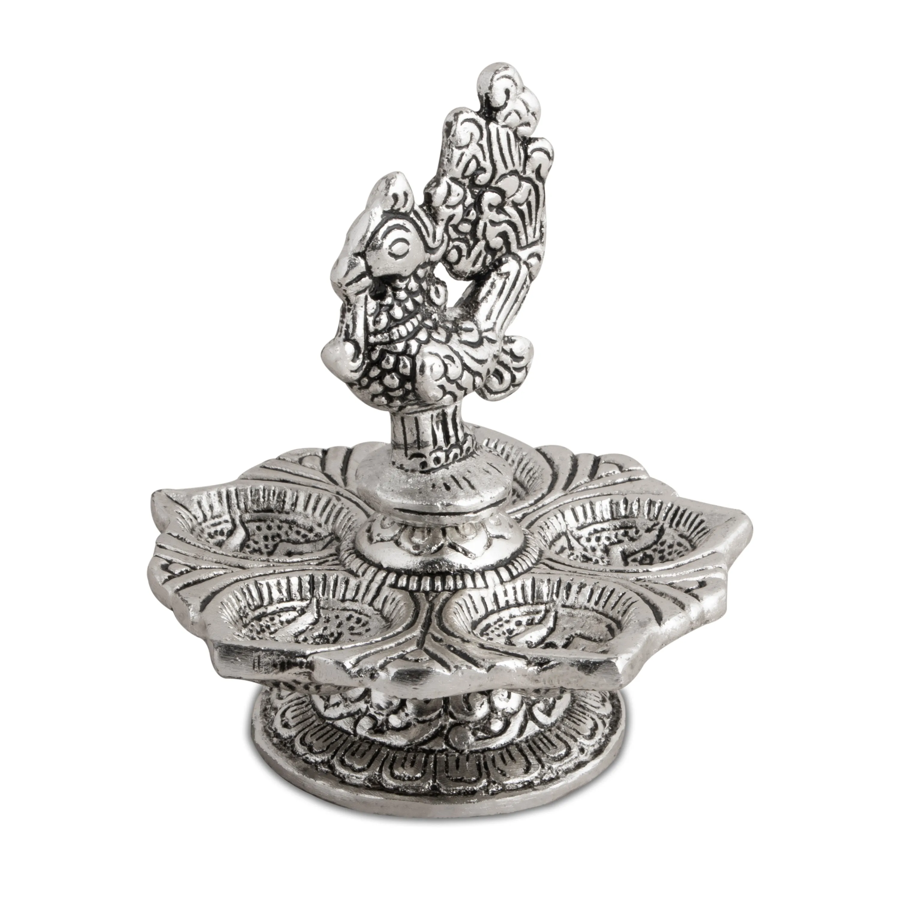 5 Face Diya - 4.5 Inches | Aluminium Deepam/ Peacock Design Lamp for Pooja/ 130 Gms Approx