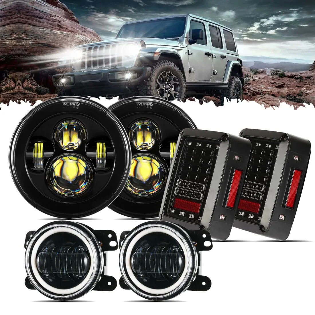 7'' LED Headlight Replacement, 4'' LED Fog Light & LED Smoke Tail Light Brake Reverse Turn Signal Lamp for Jeep Wrangler JK