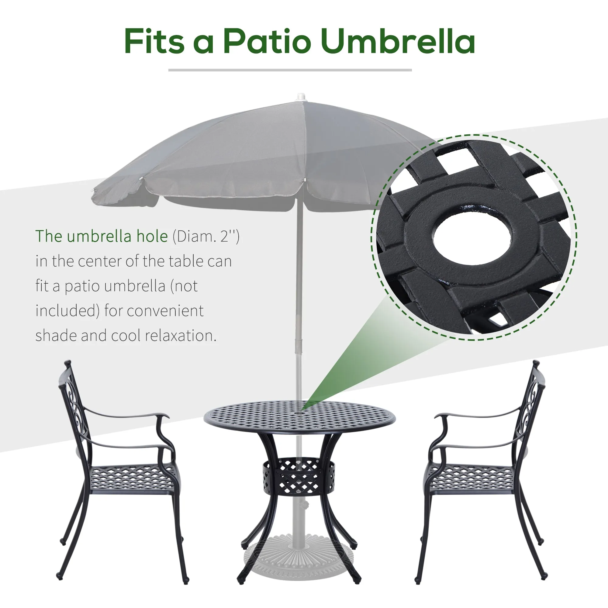 85cm Round Garden Table with Umbrella Hole, Aluminium Grid Motif Outdoor Dining Table for Garden Patio, Black