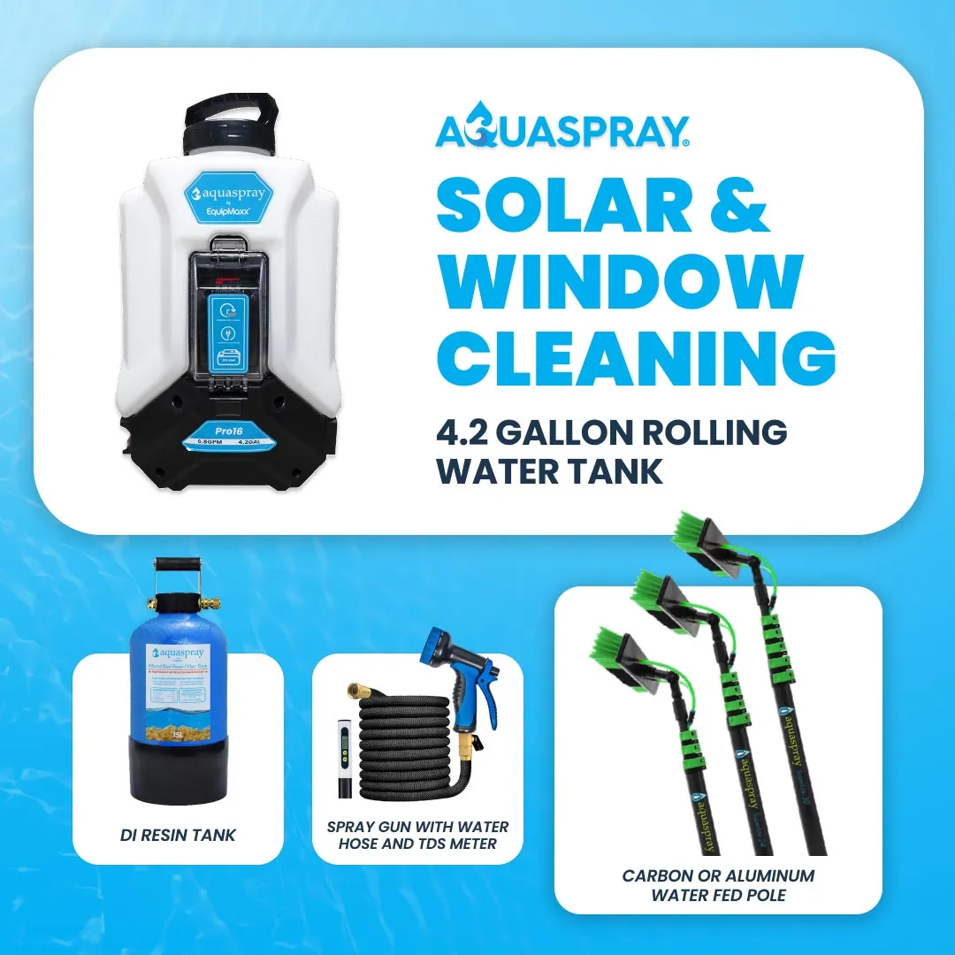 AquaSpray 4.2 Gallon Pro16 Backpack Water Tank & Pump, DI Resin Tank and Water fed Pole for Window and Solar Panel Cleaning