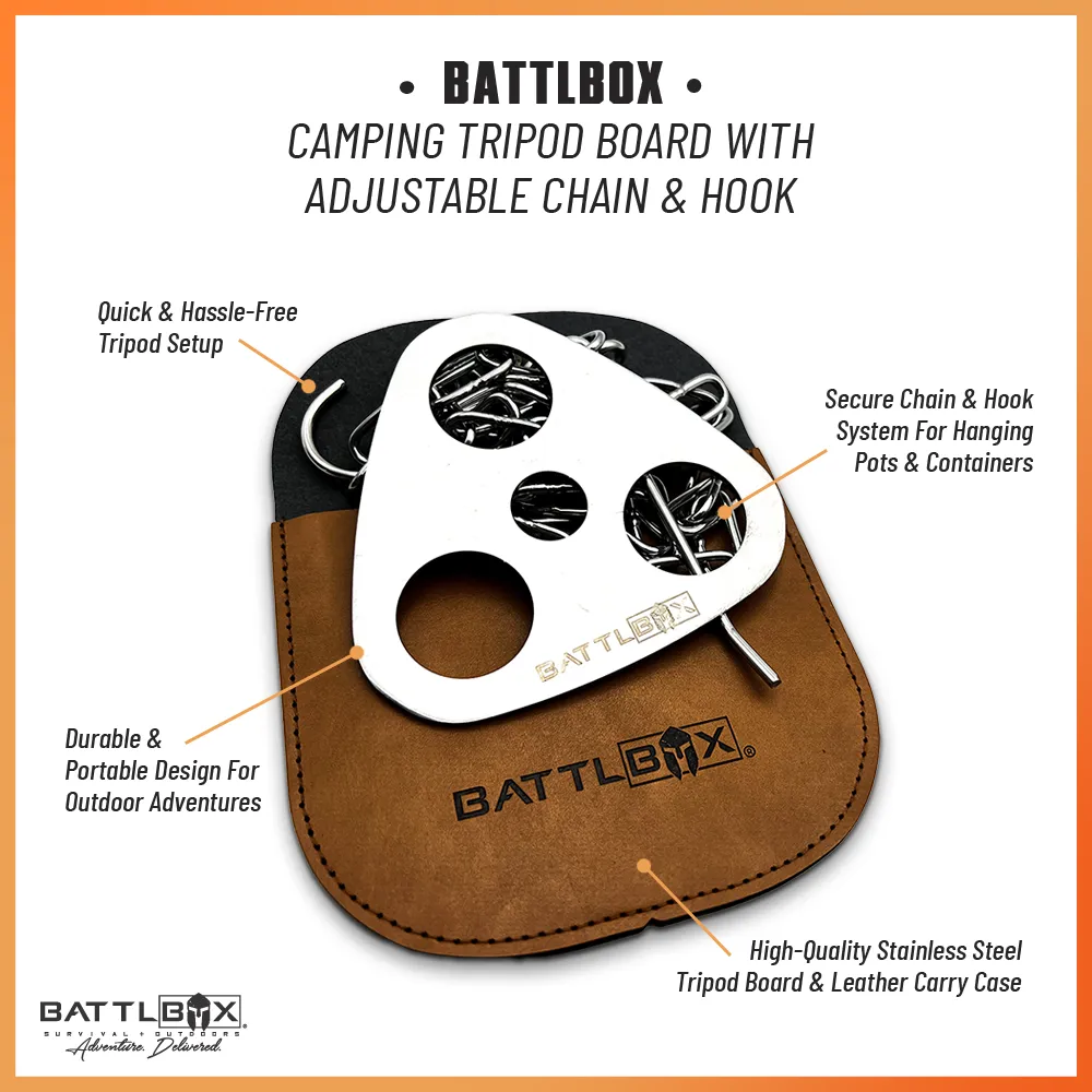 BattlBox Camping Tripod Board With Adjustable Chain & Hook