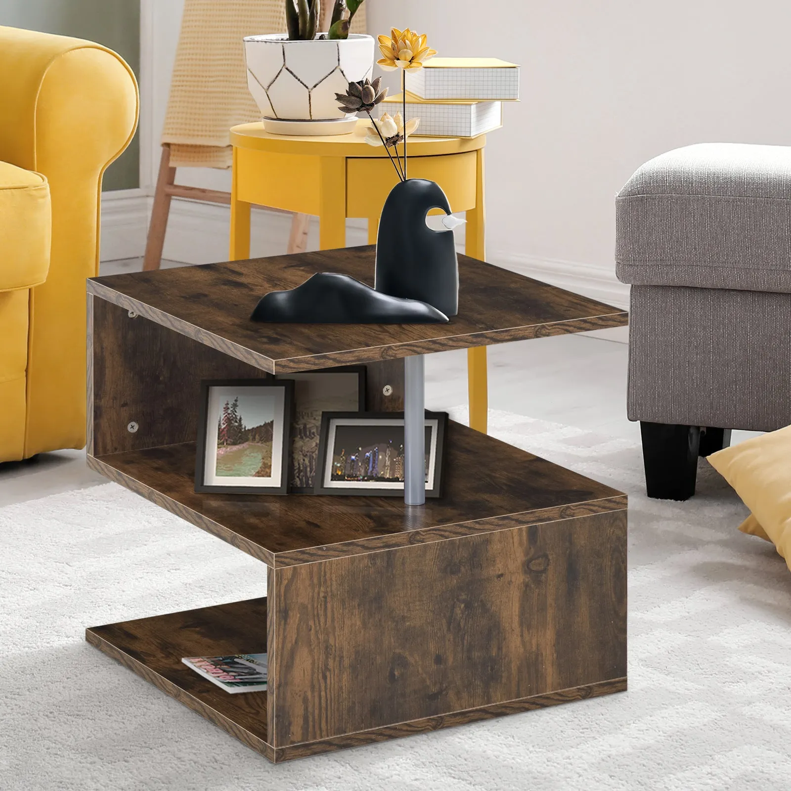 Coffee End Table S shape 2 Tier Storage Shelves Organizer Versatile Home office furniture (Natural)