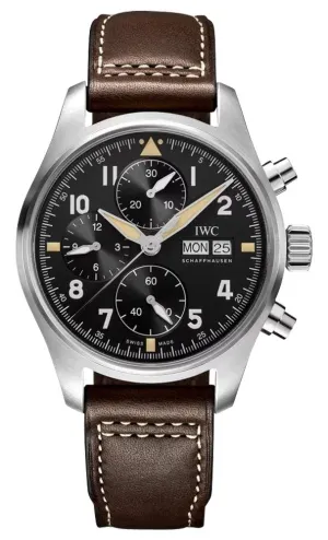 IWC Pilot's Spitfire Automatic Chronograph Stainless Steel Black Dial Brown Leather Strap Day/Date Mens Watch IW387903