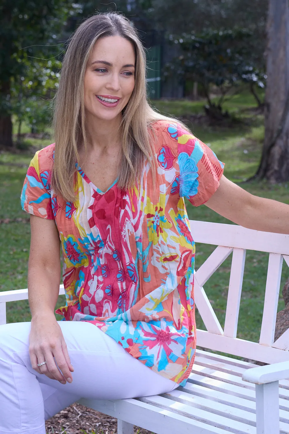 Kayla Cotton Short Sleeve Top - Coral Beach