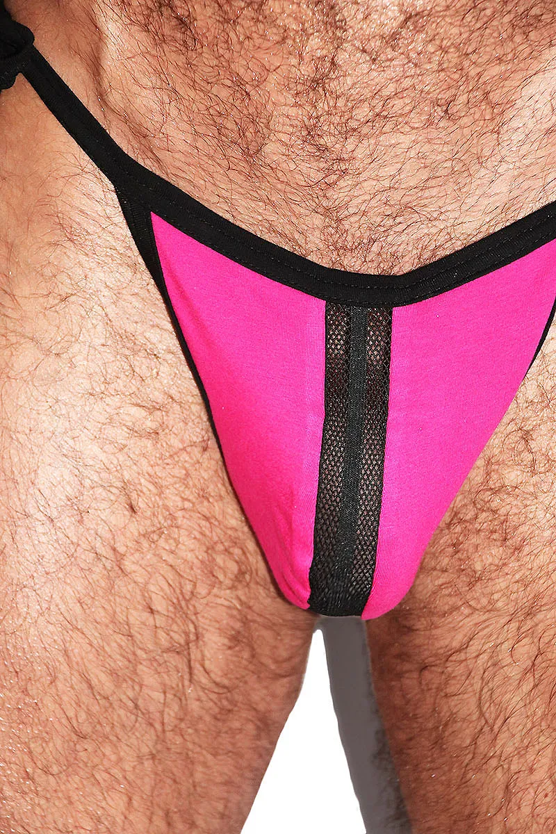 Match Maker Mesh Stripe Tied Up String Thong - Fuchsia