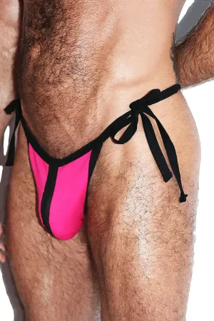 Match Maker Mesh Stripe Tied Up String Thong - Fuchsia