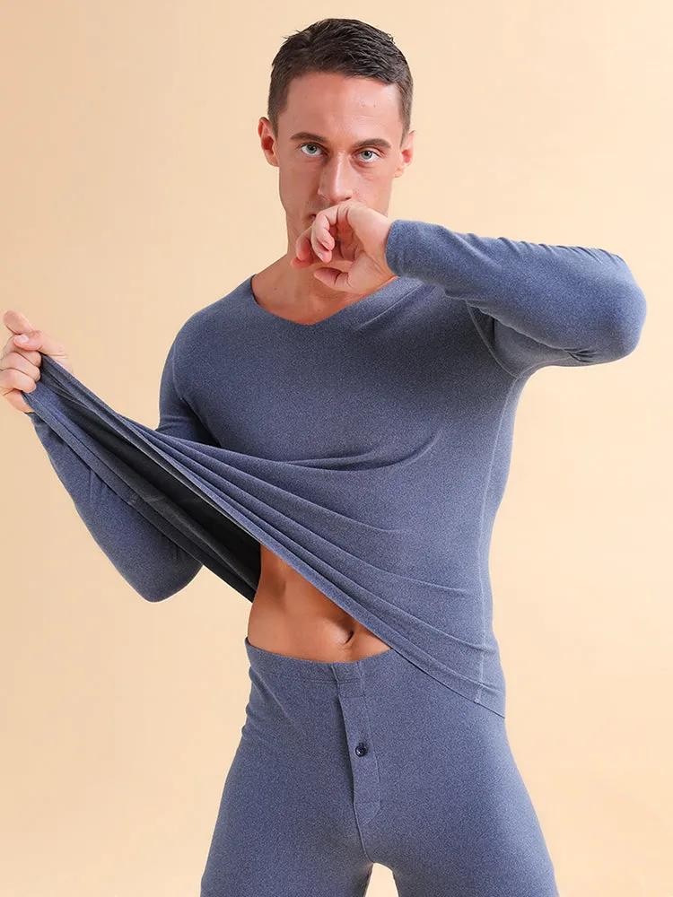 Men's V-neck Fleece Thermal Underwear Set