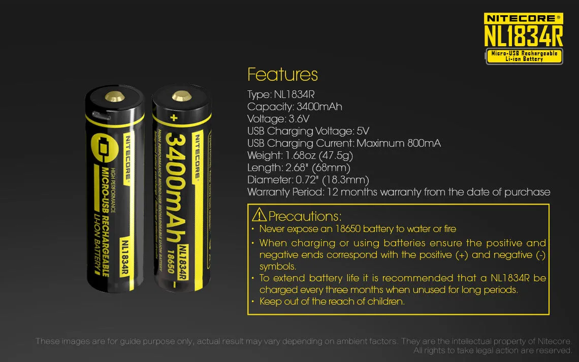 Nitecore NL1834R 3400mAh High-Drain 3.6 V 18650 Battery - USB Charging Port