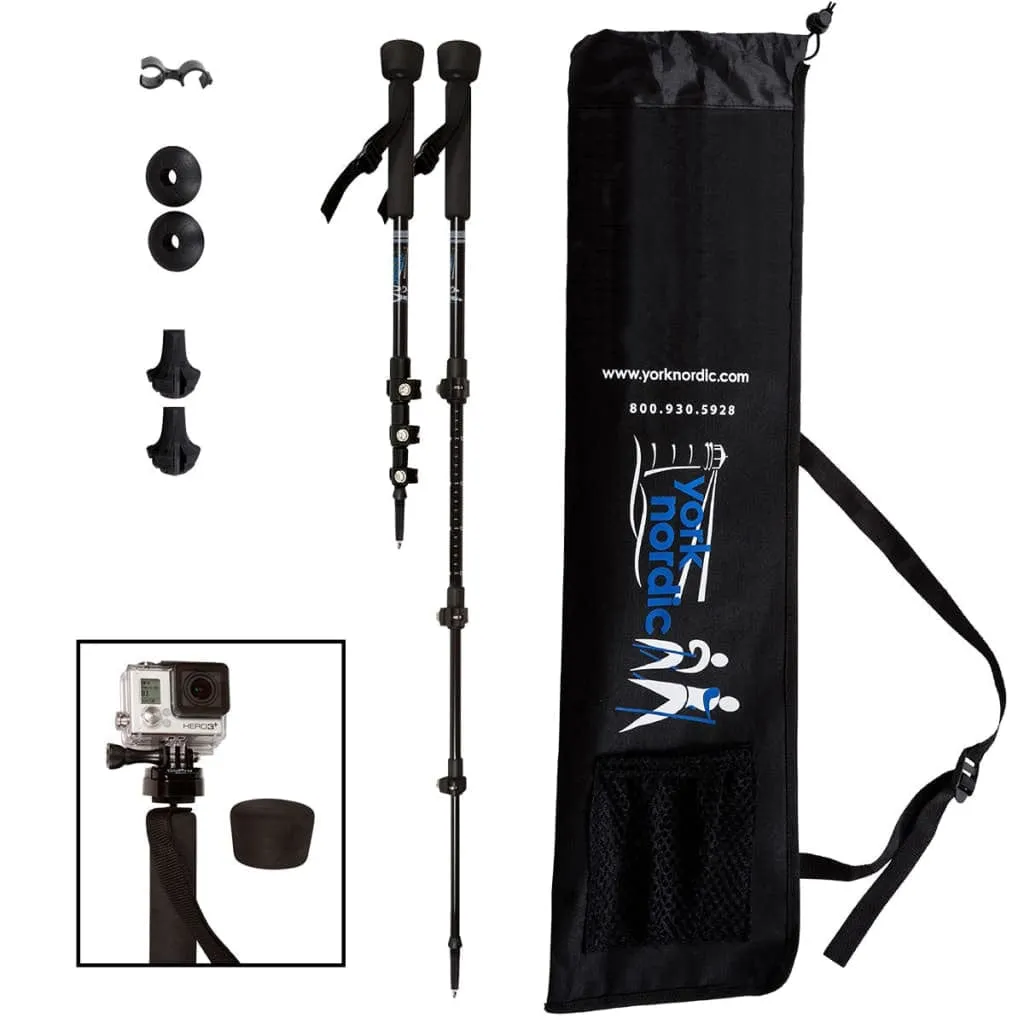 PRO Collapsible Trekking - Hiking - Walking Poles - pair w- GoPro Camera Mount, flip locks, and rubber feet