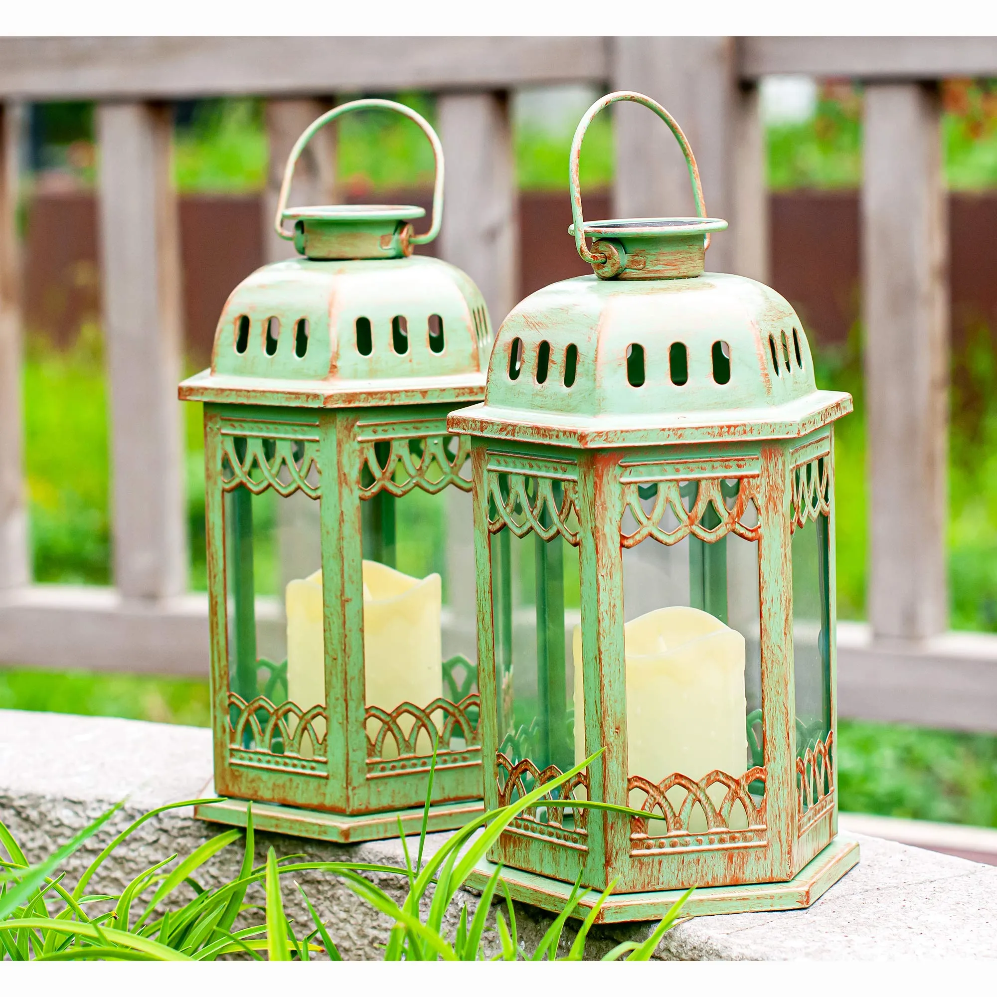 Solar Lanterns 2 Pack Green - Hanging Solar Lights With Flickering Candle Led - Retro